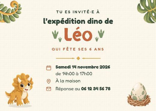 Verso de l’invitation d’anniversaire dinosaures : la date, l’heure, le lieu de la fête et le numéro pour répondre