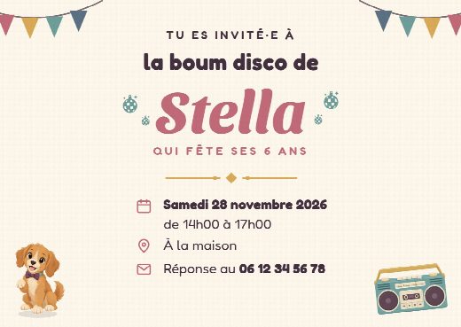 Verso de l’invitation d’anniversaire disco : la date, l’heure, le lieu de la fête et le numéro pour répondre