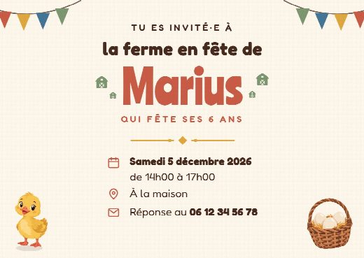 Verso de l’invitation d’anniversaire ferme : la date, l’heure, le lieu de la fête et le numéro pour répondre