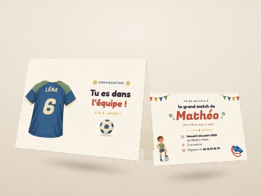 Carte d’invitation d’anniversaire football découpée et pliée, imprimée recto verso