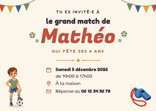 Verso de l’invitation d’anniversaire football : la date, l’heure, le lieu de la fête et le numéro pour répondre