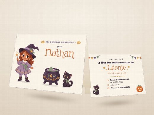 Carte d’invitation d’anniversaire Halloween découpée et pliée, imprimée recto verso