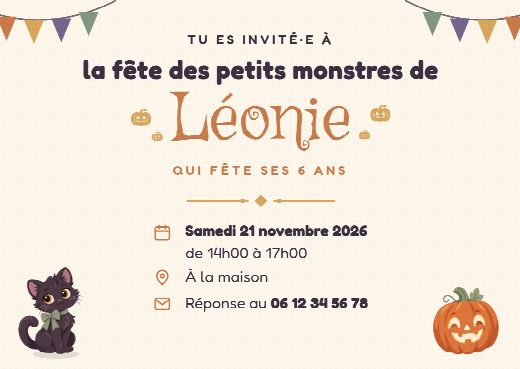 Verso de l’invitation d’anniversaire Halloween : la date, l’heure, le lieu de la fête et le numéro pour répondre