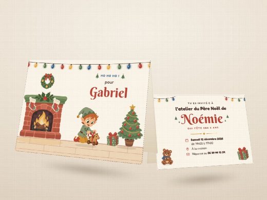 Carte d’invitation d’anniversaire Noël découpée et pliée, imprimée recto verso
