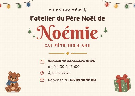 Verso de l’invitation d’anniversaire Noël : la date, l’heure, le lieu de la fête et le numéro pour répondre