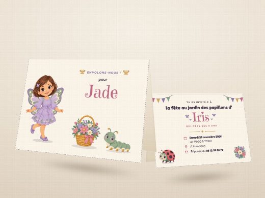 Carte d’invitation d’anniversaire papillon découpée et pliée, imprimée recto verso