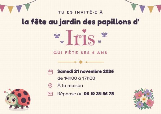 Verso de l’invitation d’anniversaire papillon : la date, l’heure, le lieu de la fête et le numéro pour répondre