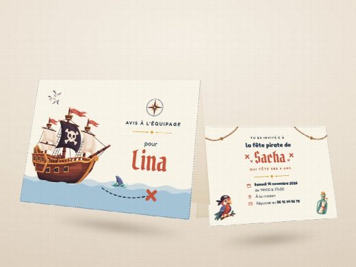 Carte d’invitation d’anniversaire pirates découpée et pliée, imprimée recto verso