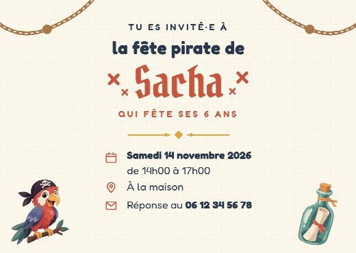 Verso de l’invitation d’anniversaire pirates : la date, l’heure, le lieu de la fête et le numéro pour répondre
