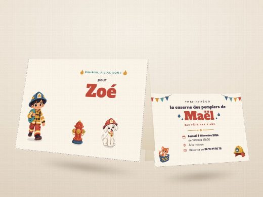 Carte d’invitation d’anniversaire pompier découpée et pliée, imprimée recto verso