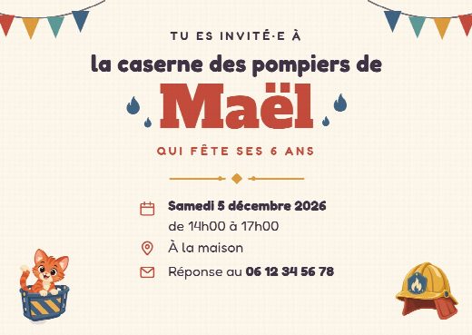 Verso de l’invitation d’anniversaire pompier : la date, l’heure, le lieu de la fête et le numéro pour répondre