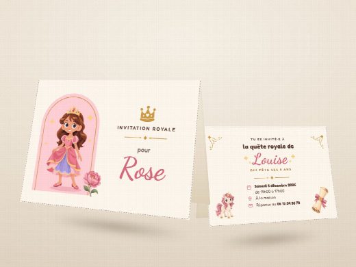 Carte d’invitation d’anniversaire princesses découpée et pliée, imprimée recto verso