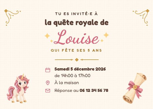 Verso de l’invitation d’anniversaire princesses : la date, l’heure, le lieu de la fête et le numéro pour répondre