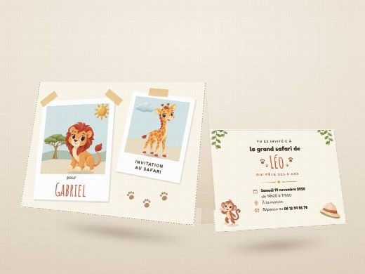 Carte d’invitation d’anniversaire safari découpée et pliée, imprimée recto verso