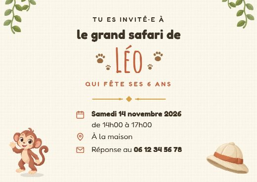 Verso de l’invitation d’anniversaire safari : la date, l’heure, le lieu de la fête et le numéro pour répondre