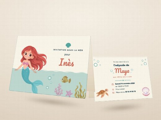 Carte d’invitation d’anniversaire sirènes découpée et pliée, imprimée recto verso