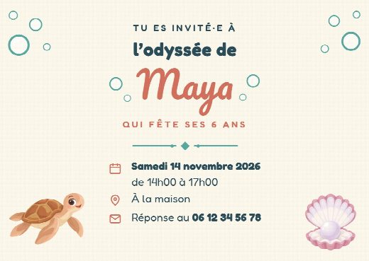 Verso de l’invitation d’anniversaire sirènes : la date, l’heure, le lieu de la fête et le numéro pour répondre
