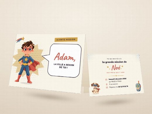 Carte d’invitation d’anniversaire super-héros découpée et pliée, imprimée recto verso