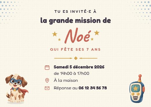Verso de l’invitation d’anniversaire super-héros : la date, l’heure, le lieu de la fête et le numéro pour répondre