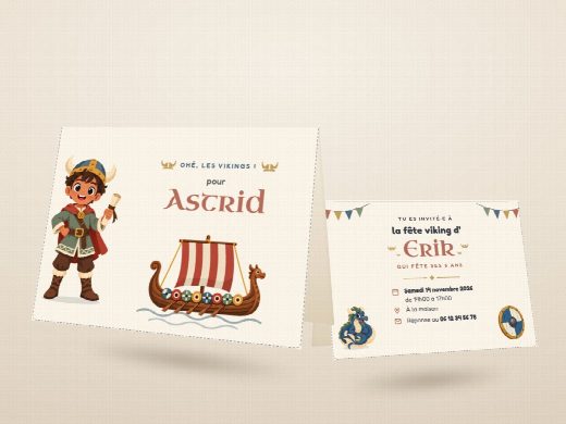 Carte d’invitation d’anniversaire vikings découpée et pliée, imprimée recto verso
