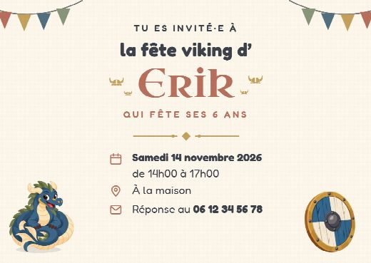 Verso de l’invitation d’anniversaire vikings : la date, l’heure, le lieu de la fête et le numéro pour répondre