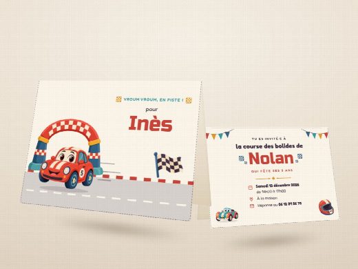 Carte d’invitation d’anniversaire voitures découpée et pliée, imprimée recto verso