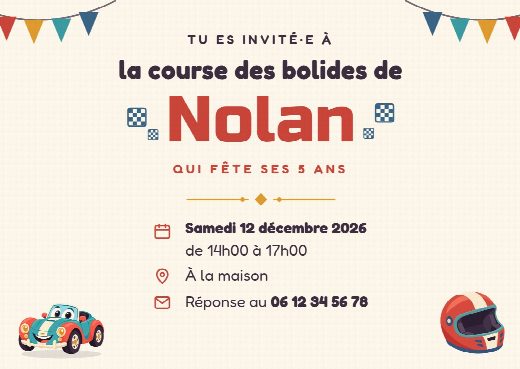 Verso de l’invitation d’anniversaire voitures : la date, l’heure, le lieu de la fête et le numéro pour répondre