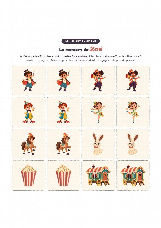 Jeu de memory cirque à imprimer et à découper, au prénom de l’enfant