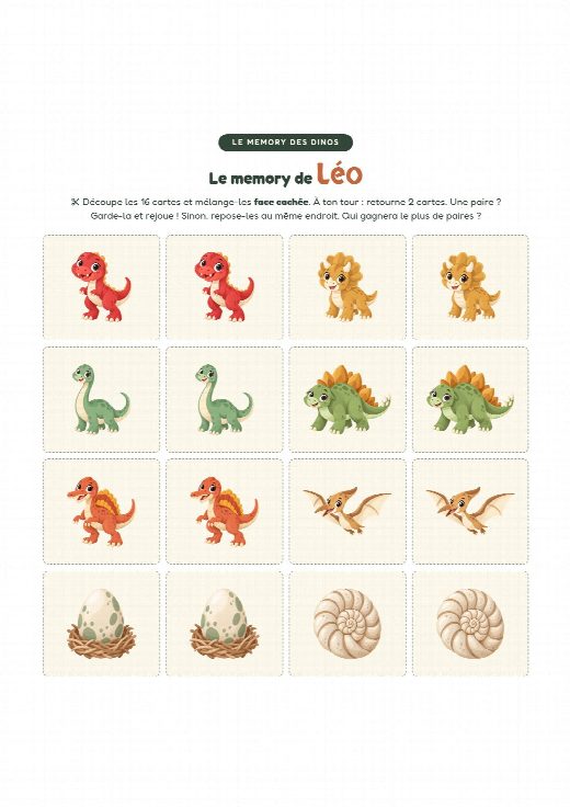 Jeu de memory dinosaures à imprimer et à découper, au prénom de l’enfant