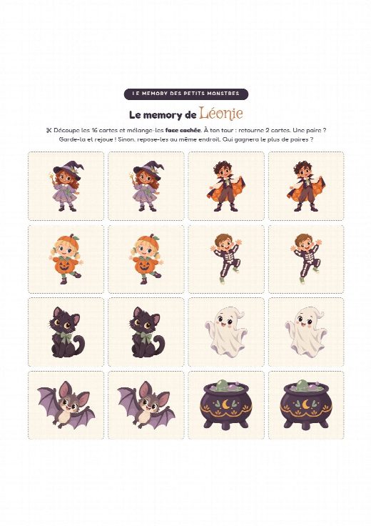 Jeu de memory Halloween à imprimer et à découper, au prénom de l’enfant