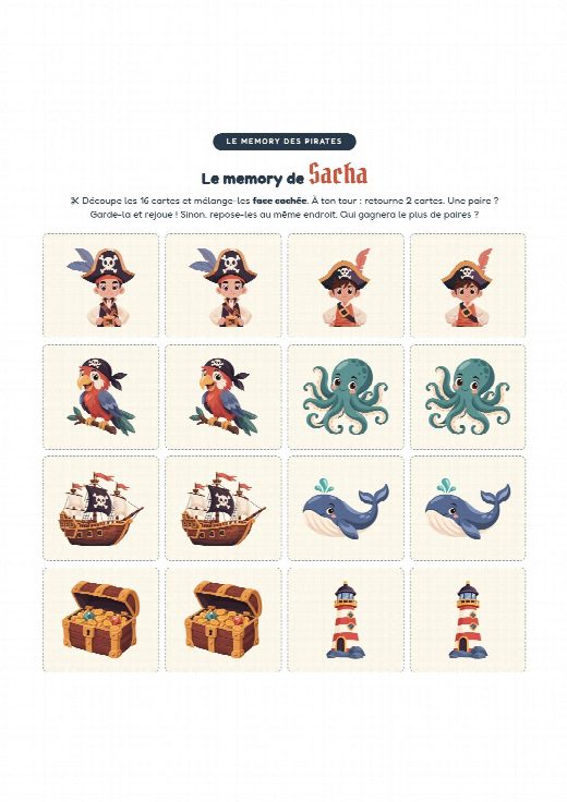 Jeu de memory pirates à imprimer et à découper, au prénom de l’enfant