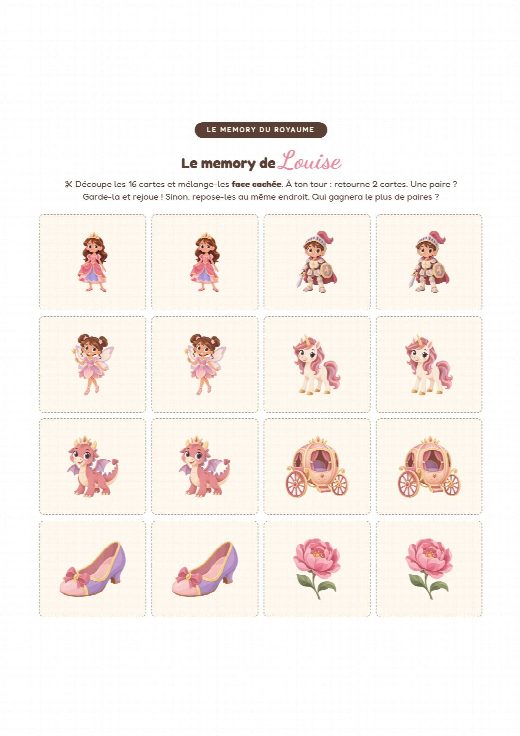 Jeu de memory princesses à imprimer et à découper, au prénom de l’enfant