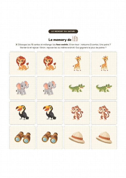 Jeu de memory safari à imprimer et à découper, au prénom de l’enfant