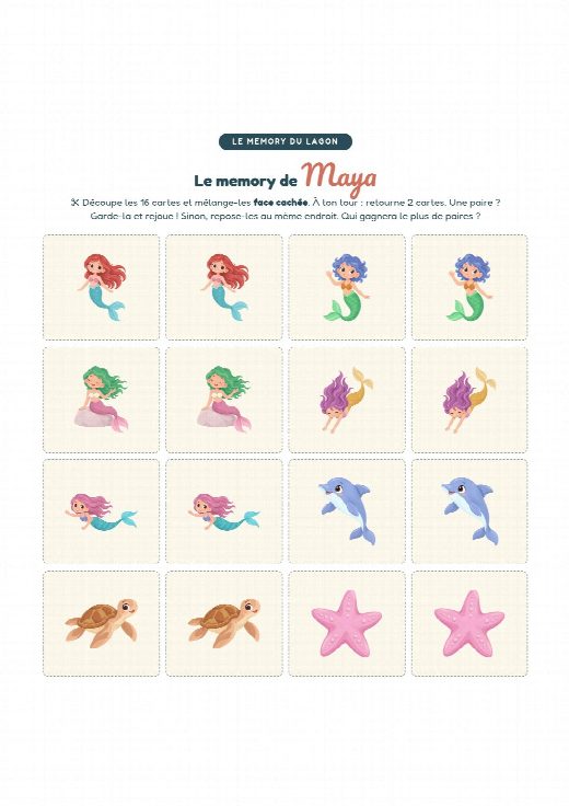 Jeu de memory sirènes à imprimer et à découper, au prénom de l’enfant