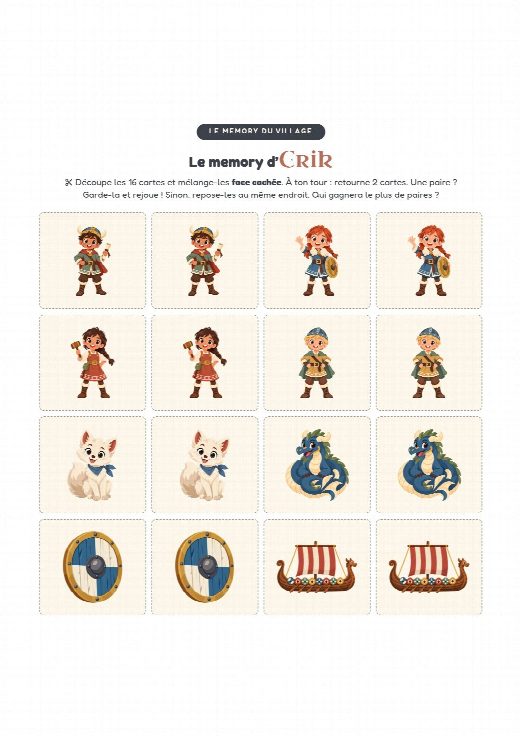 Jeu de memory vikings à imprimer et à découper, au prénom de l’enfant