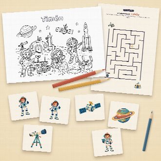 Jeux d’anniversaire astronaute à imprimer : coloriage et labyrinthe au prénom de l’enfant, memory à découper