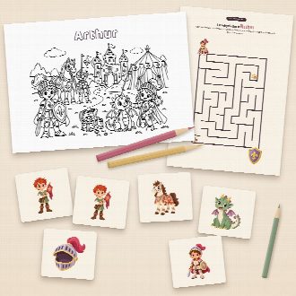 Jeux d’anniversaire chevaliers à imprimer : coloriage et labyrinthe au prénom de l’enfant, memory à découper