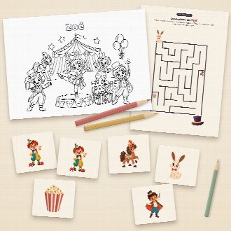 Jeux d’anniversaire cirque à imprimer : coloriage et labyrinthe au prénom de l’enfant, memory à découper
