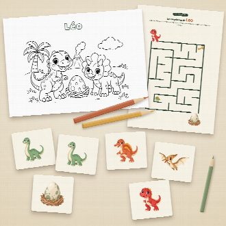 Jeux d’anniversaire dinosaures à imprimer : coloriage et labyrinthe au prénom de l’enfant, memory à découper