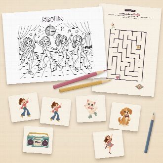 Jeux d’anniversaire disco à imprimer : coloriage et labyrinthe au prénom de l’enfant, memory à découper