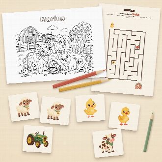 Jeux d’anniversaire ferme à imprimer : coloriage et labyrinthe au prénom de l’enfant, memory à découper