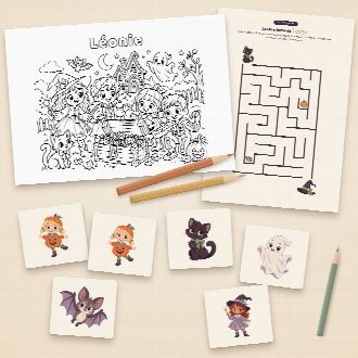 Jeux d’Halloween à imprimer : coloriage et labyrinthe au prénom de l’enfant, memory à découper