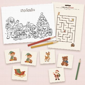 Jeux de Noël à imprimer : coloriage et labyrinthe au prénom de l’enfant, memory à découper