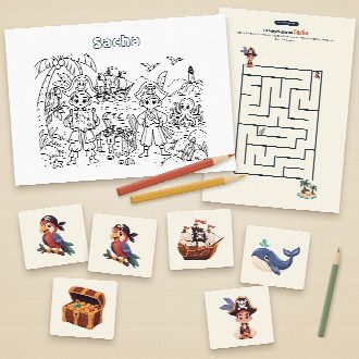 Jeux d’anniversaire pirates à imprimer : coloriage et labyrinthe au prénom de l’enfant, memory à découper