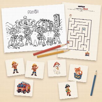 Jeux d’anniversaire pompier à imprimer : coloriage et labyrinthe au prénom de l’enfant, memory à découper