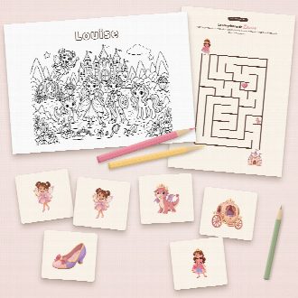 Jeux d’anniversaire princesses à imprimer : coloriage et labyrinthe au prénom de l’enfant, memory à découper
