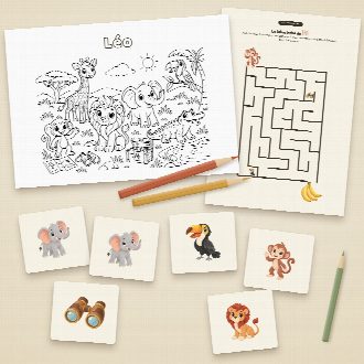 Jeux d’anniversaire safari à imprimer : coloriage et labyrinthe au prénom de l’enfant, memory à découper