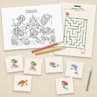 Jeux d’anniversaire sirènes à imprimer : coloriage et labyrinthe au prénom de l’enfant, memory à découper