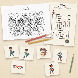 Jeux d’anniversaire super-héros à imprimer : coloriage et labyrinthe au prénom de l’enfant, memory à découper