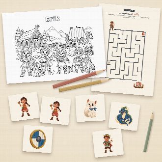Jeux d’anniversaire vikings à imprimer : coloriage et labyrinthe au prénom de l’enfant, memory à découper